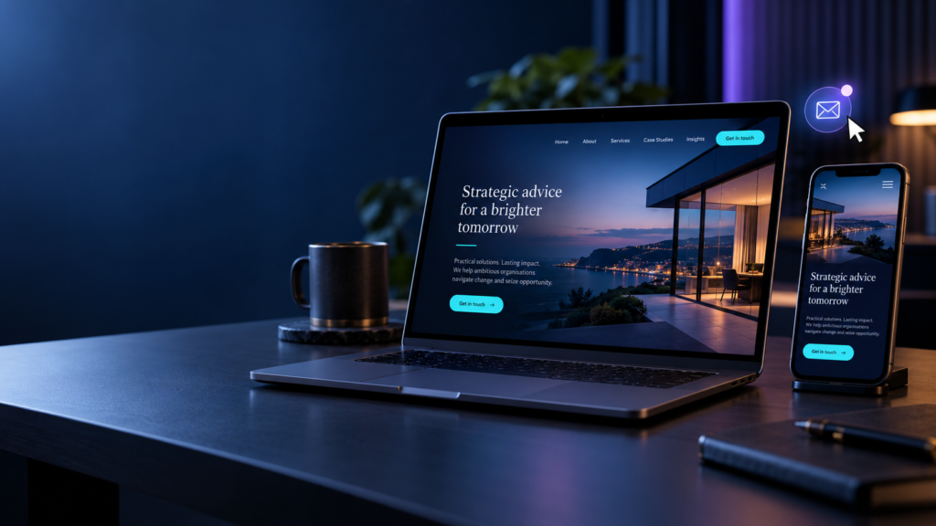 Laptop and smartphone displaying a business website with clear contact buttons.